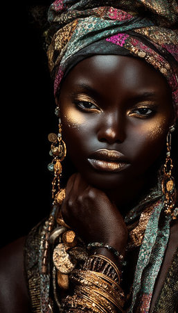Glamorous African Woman in Tribal Headdress with Radiant Skin Against a Dark Background Portraitの素材