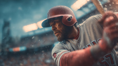 Focused Baseball Player Preparing to Swing Bat, Showcasing Strength and Determination in Actionの素材