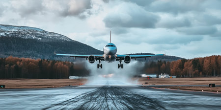 Airplane Taking Off from Runway with Snow-Capped Mountain in Background Under Cloudy Winter Skyの素材