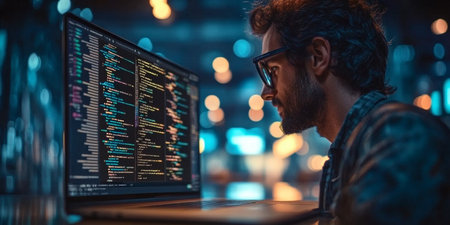 A Dedicated Software Developer Working Late at Night, Crafting Code Lines on a Computer Screenの素材
