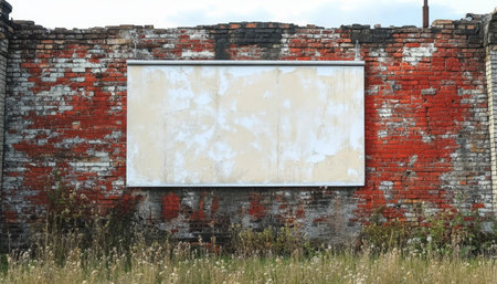 Blank advertising billboard on a worn brick wall in a neglected urban landscape for publicity needs.の素材