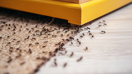 A Close-Up of Ants Swarming on a Floor, Attracting Pests to Nearby Wooden Furniture in a Homeの素材