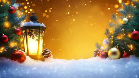 Cozy Christmas Scene Featuring a Snowy Lantern, Golden Lights, and Beautiful Ornament Decorationsの素材