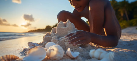 Joyful Summer Adventure at the Beach Kids Building Sandcastles and Collecting Seashells Togetherの素材