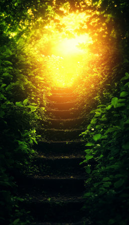 Pathway Illumination Winding Steps Through a Radiant Forest Oasis Surrounded by Lush Greeneryの素材