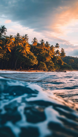 Golden Sunlight Illuminates Turquoise Sea and Idyllic Caribbean Landscape with Palm Trees and Wavesの素材