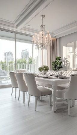 Stylish Studio Apartment Featuring Classic Chair and Elegant White Tables Under a Crystal Chandelierの素材