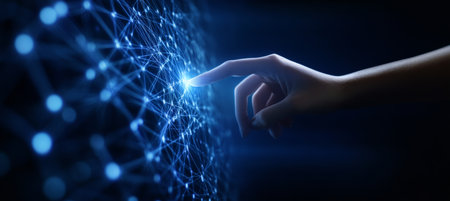 Collaboration in Ethical AI Development Humans Interacting with a Glowing Neural Network Displayの素材