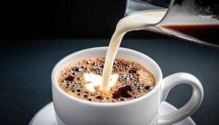 Aromatic coffee preparation with hot milk poured into rich, dark beverage for a smooth experience.の素材