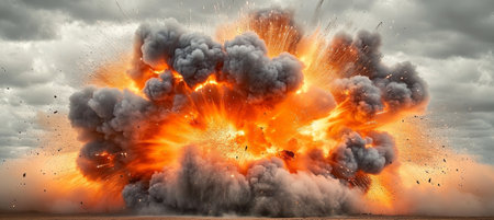 Enormous Orange Explosion Throwing Pieces of Hot Matter with Thick Gray Smoke Emanating Aroundの素材