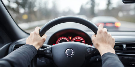Close-up view of a confident driver with hands on the steering wheel while driving on a busy roadの素材