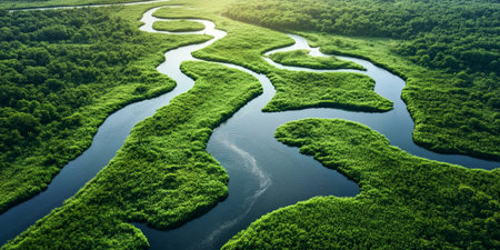 Winding Rivers Flowing Through Lush Wetlands, Showcasing a Beautiful Ecosystem and Scenic Landscapeの素材