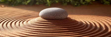 Tranquil Zen Garden Scene with Curved Lines, Serene Textures, and a Single Stone for Mindfulnessの素材