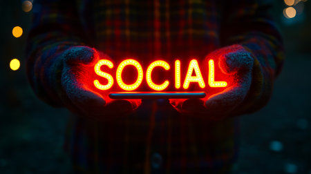 Illuminated Social Media Connection Sign with Phone Device, Innovative Future Life Concept Visualの素材