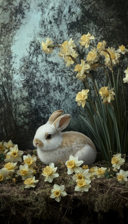 Charming Easter Bunny Framed by Blooming Daffodils in a Vibrant Spring Meadow with Cute Faunaの素材