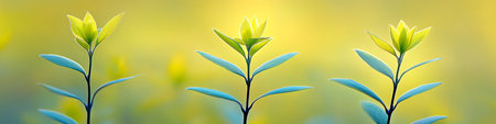 Delicate green shoots reaching for the sun amidst a blurred backdrop of nature s tranquilityの素材