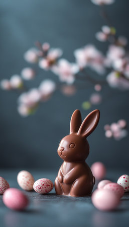 Charming Easter Still Life Featuring a Cute Chocolate Bunny, Colorful Eggs, and Blossoming Twigsの素材