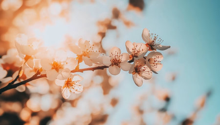 Beautiful apricot blossoms blooming on a sunny day, symbolizing hope and renewal in springtime.の素材