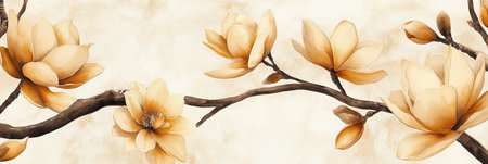 Delicate Watercolor Magnolia Branches Featuring Creamy Yellow and Apricot Flowers in Soft Lightの素材