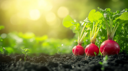 Lush Green Vegetable Garden with Freshly Harvested Red Radishes Surrounded by Vibrant Leavesの素材