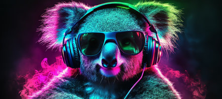 Neon Koala DJ Vibe A Colorful Party Animal with Headphones and Sunglasses, Spinning EDM Beatsの素材