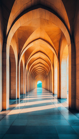 Majestic Arches Corridor in Muscat, Oman Grand Colonnade with Geometric Patterns and Designの素材