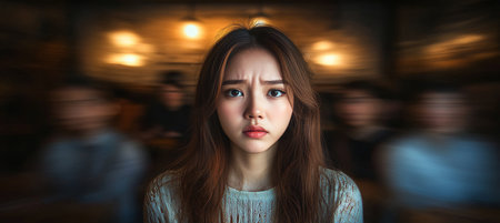 Lonely Asian Woman with Troubled Expressions Surrounded by Unfocused, Anonymous People in Blurの素材
