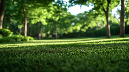 Lush Green Lawn Landscape Under Bright Sunlight Filtering Through Vibrant Trees in a Peaceful Gardenの素材