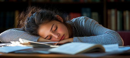 Exhausted Young Student or Journalist Asleep Amongst Books on Wooden Desk After Long Study Sessionの素材