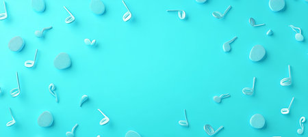 Vibrant Musical Notes Dancing on a Turquoise Canvas for Celebration and Artistic Background Designの素材
