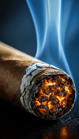 Captivating Close-up of a Glowing Cigar with Rising Blue Smoke and Ember Highlighting Rich Texturesの素材