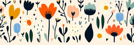 Delicate Abstract Floral Design with Colorful Painted Flowers and Modern Organic Leaf Patternsの素材