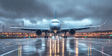 Airline Jet Taking Off from a Water-Covered Runway Amidst a Stormy Downpour in the Skyの素材