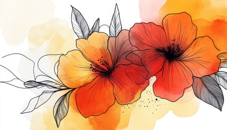 Delicate Watercolor Blossoms with Outlined Apricot and Yellow Flowers on Softly Blooming Branchesの素材