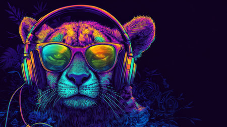 Vibrant Party Panther in Stylish Headphones Dancing to the Rhythm of Joyful Music and Fun Vibesの素材