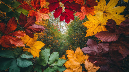 Vibrant Autumn Forest Canopy Framed by Multicolored Leaves, A Stunning View from the Forest Floorの素材