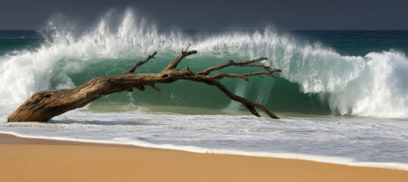 Serene Coastal Landscape Featuring Gentle Waves, Driftwood, and Sandy Shoreline at Sunsetの素材