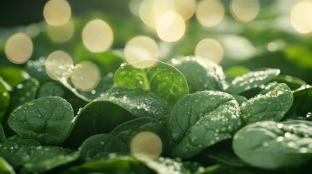 Lush Green Baby Spinach Growing in a Garden Bed, Ideal for Nutritious Vegetarian Meals and Saladsの素材