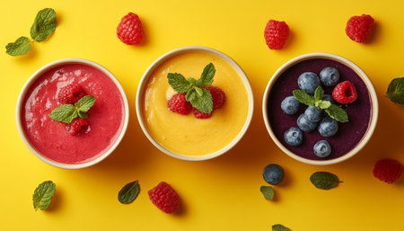 Colorful Fruit Bowls Displayed on a Bright Yellow Background, Showcasing Healthy Fresh Ingredientsの素材