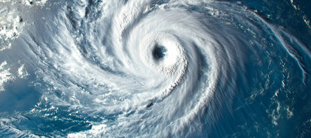 Aerial View of Powerful Hurricane Eye Over Deep Blue Ocean, Capturing the Fury of Nature s Stormの素材
