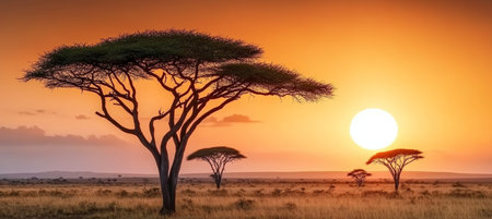 Breathtaking Sunset Over Serengeti Plains with Acacia Trees Silhouettes, Showcasing Wildlife Beautyの素材