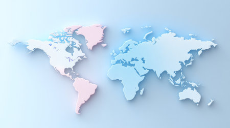Pastel World Map Illustration with 3D Continents on a Soft Blue Background for Global Perspectiveの素材