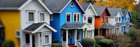 Row of Charming Houses with Vibrant Mix of Colorful Home Facades on a Picturesque Street Sceneの素材