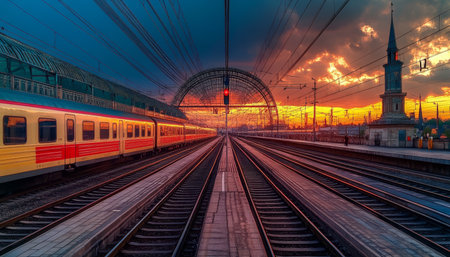 Dramatic Twilight Rail Journey Featuring Trains, Tracks, and a Beautiful Cityscape at Duskの素材