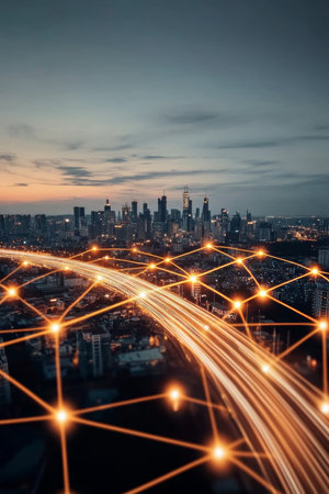 Vibrant Cityscape at Dusk with Illuminated Network Connections and Advanced Technology Integrationの素材