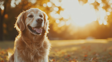 Happy Golden Retriever Enjoying the Warm Autumn Sunlight in a Beautiful Park with Colorful Leavesの素材