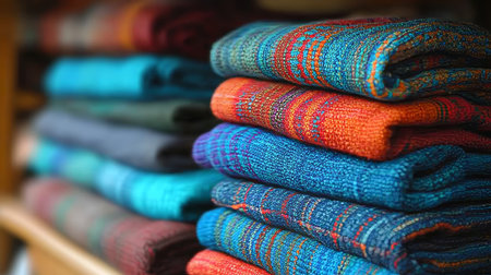 Colorful Stacked Knitwear Display, Soft Textiles in Bright Abstract Shades for Fashion Enthusiastsの素材