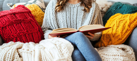 Cozy Reading Nook, Reader, Comfort, Textiles, Book Pages, Relaxation and colorful Cushions on Sofa.の素材