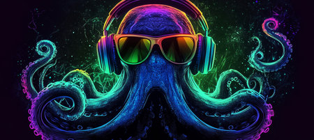 Vibrant Neon Lights Illuminate the Dance Floor as a Funky Octopus Reveler Joins the Party Atmosphereの素材