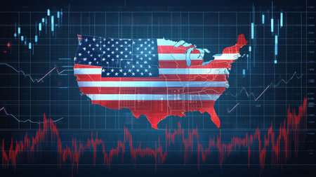 USA Flag Shape with Stock Market Ticker Graph Illustration, Symbolizing Financial Trends and Economyの素材